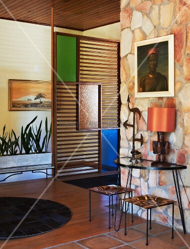 50s Style Foyer With Stone Wall Parion Stained Gl Panels 50s Style Foyer With Stone Wall Parion Stained Gl Panels And Ethnic Decor Dark Leather Patchwork Rug