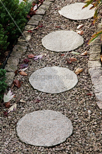 Runde Steinplatten auf gekiestem – Bild kaufen – 11348529 living4media