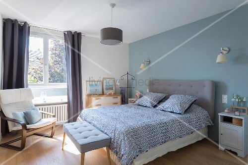 Bedroom With Pastel Blue Accent Wall And Buy Image