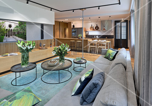 Elegant Grey Sofa And Round Side Tables Buy Image 12684049