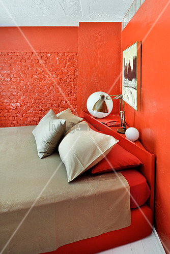 Double Bed In Bedroom With Red Painted Buy Image