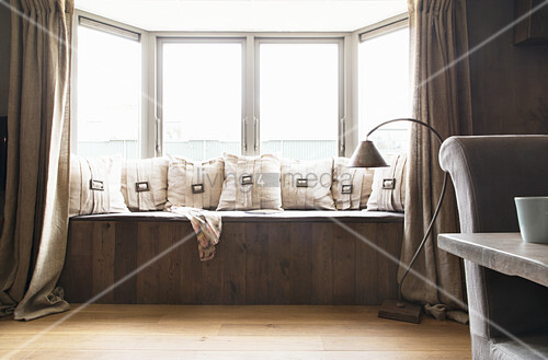 Cushions With Buckles On Window Bench In Buy Image 12406193