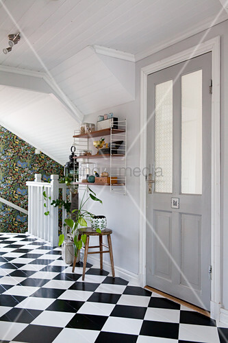 White Wood Panelling And Chequered Floor Buy Image