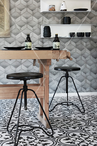 Rustic Wooden Table And Black Stools In Buy Image 12506255