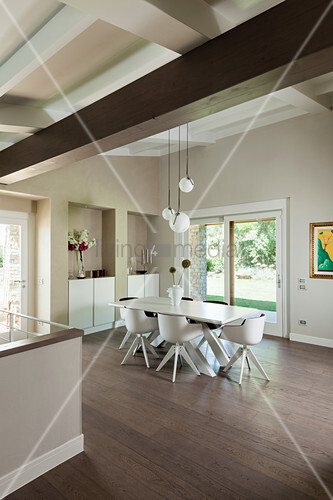 Modern Dining Room With High Ceiling And Buy Image