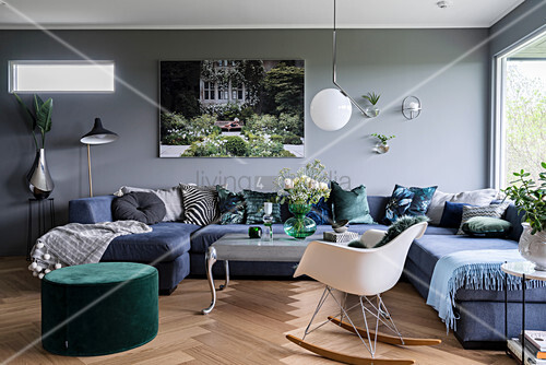 Blue Sofa Combination Green Pouffe And Image