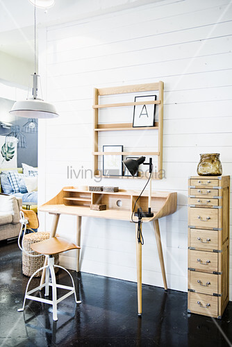 Narrow Desk And Shelves On White Board Buy Image 12592607